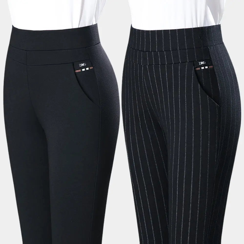 Due paia di pantaloni da donna eleganti, uno nero semplice e uno a righe verticali, con tasche laterali. Ideali per ufficio e occasioni formali.