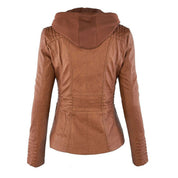 Giacca in pelle marrone da donna con cappuccio, design moderno, cuciture dettagliate, ideale per moda autunnale e invernale.