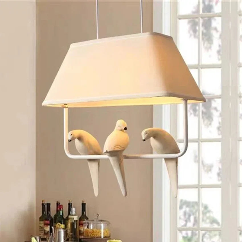 Lampada a Sospensione con Paralume in Lino e Decorazione Uccelli per Interni Eleganti 2