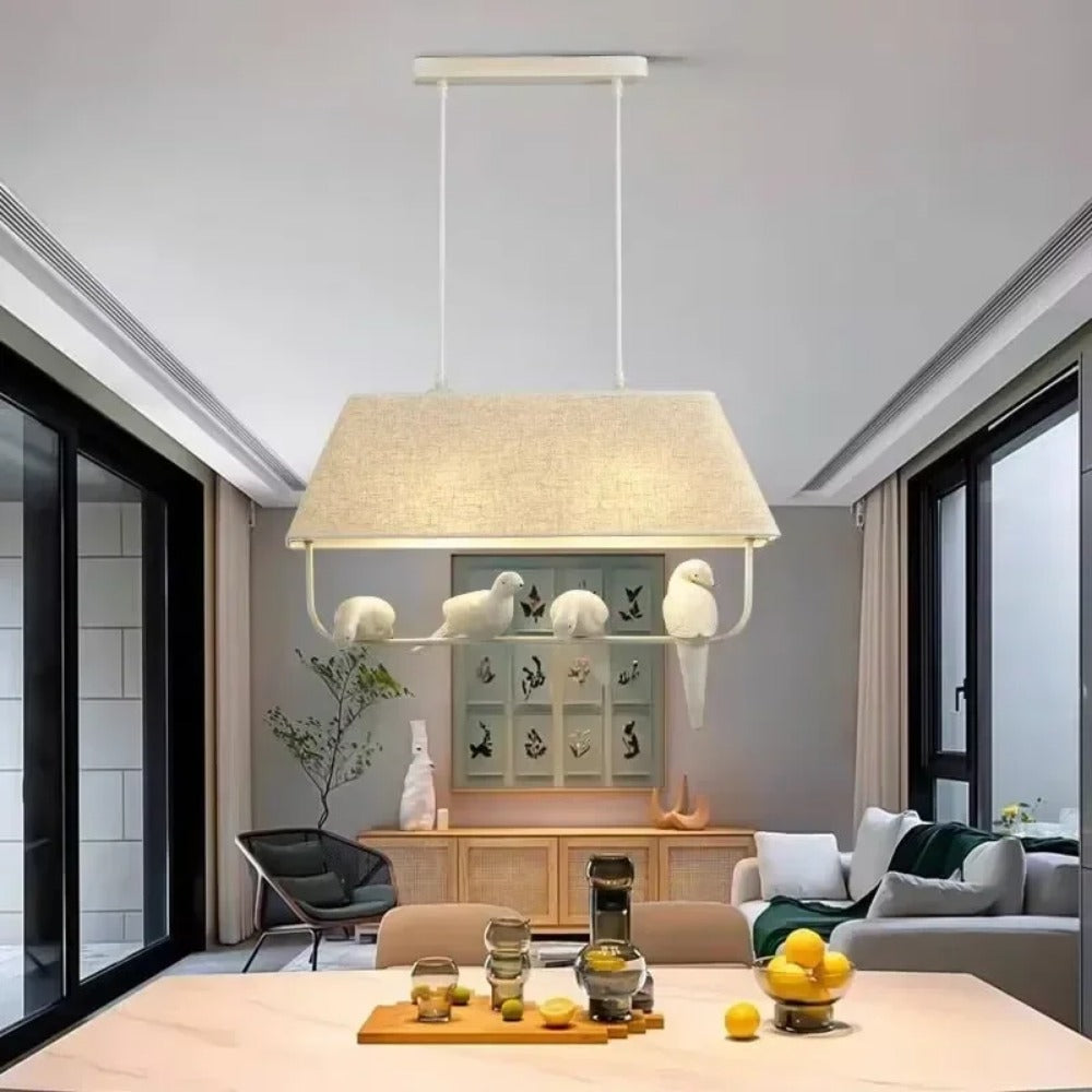 Lampada a Sospensione con Paralume in Lino e Decorazione Uccelli per Interni Eleganti 4