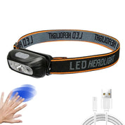 Lampada frontale a LED ricaricabile tramite USB: torcia frontale luminosa attivata da sensore per pesca, escursionismo, ricerca di emergenza o campeggio avventuroso 0