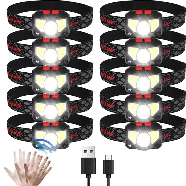 Lampada frontale a LED ricaricabile tramite USB: torcia frontale luminosa attivata da sensore per pesca, escursionismo, ricerca di emergenza o campeggio avventuroso 9