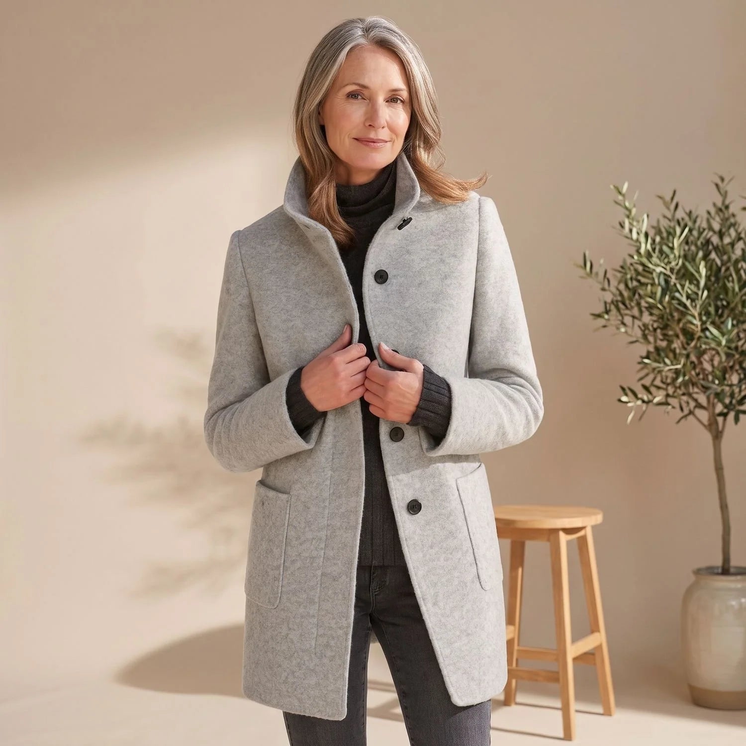 Leonie | Damen Wollmantel mit Stehkragen Knopfleiste Wintermantel 0