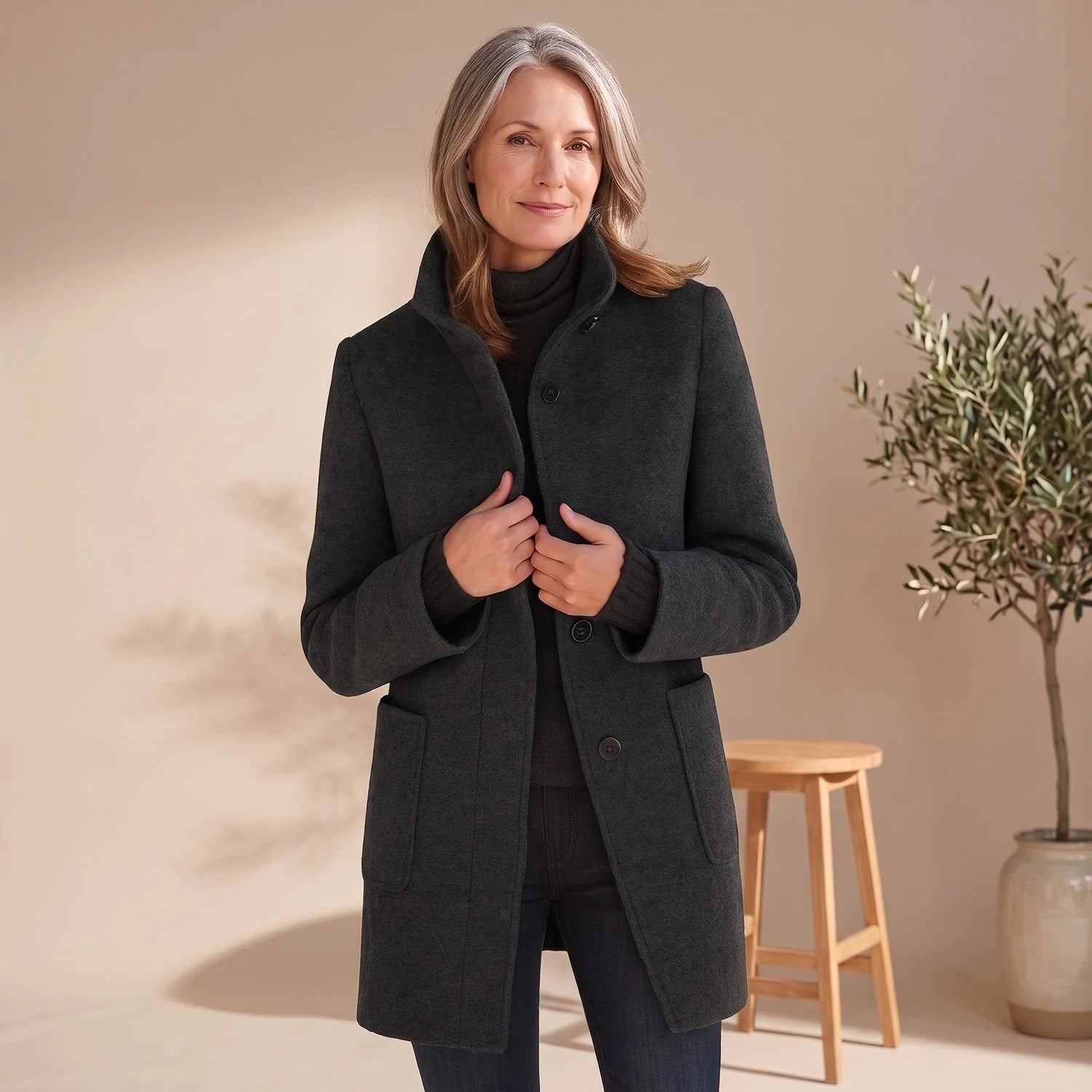 Leonie | Damen Wollmantel mit Stehkragen Knopfleiste Wintermantel 3