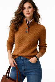 Maglione Donna Collo Alto Lavorato a Trecce con Abbottonatura Elegante Autunno Inverno 0