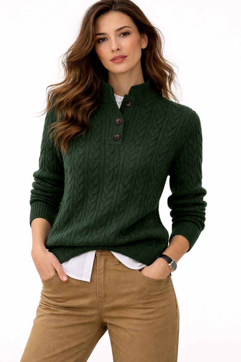 Maglione Donna Collo Alto Lavorato a Trecce con Abbottonatura Elegante Autunno Inverno 1