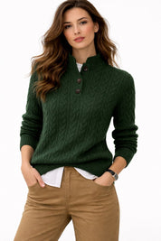 Maglione Donna Collo Alto Lavorato a Trecce con Abbottonatura Elegante Autunno Inverno 1