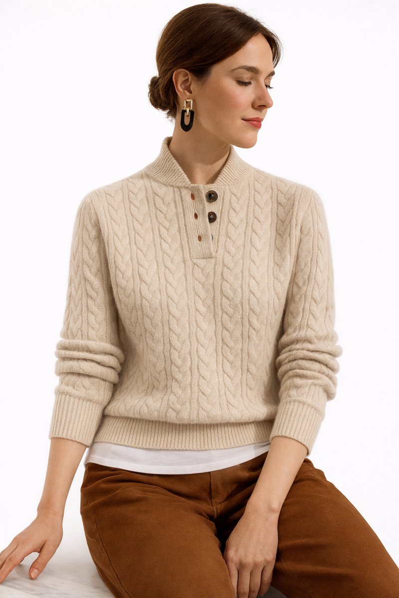 Maglione Donna Collo Alto Lavorato a Trecce con Abbottonatura Elegante Autunno Inverno 3