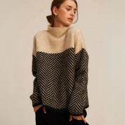 Maglione Donna Collo Alto Oversize Elegante Motivo Spina di Pesce per Inverno 0