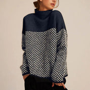 Maglione Donna Collo Alto Oversize Elegante Motivo Spina di Pesce per Inverno 1
