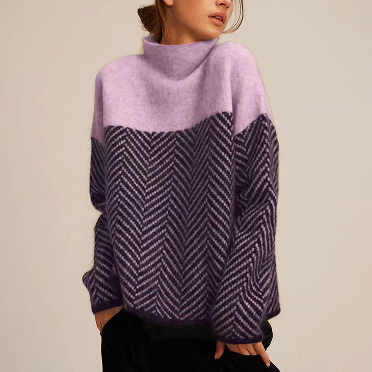 Maglione Donna Collo Alto Oversize Elegante Motivo Spina di Pesce per Inverno 2