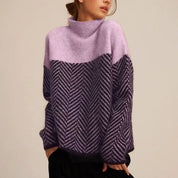 Maglione Donna Collo Alto Oversize Elegante Motivo Spina di Pesce per Inverno 2