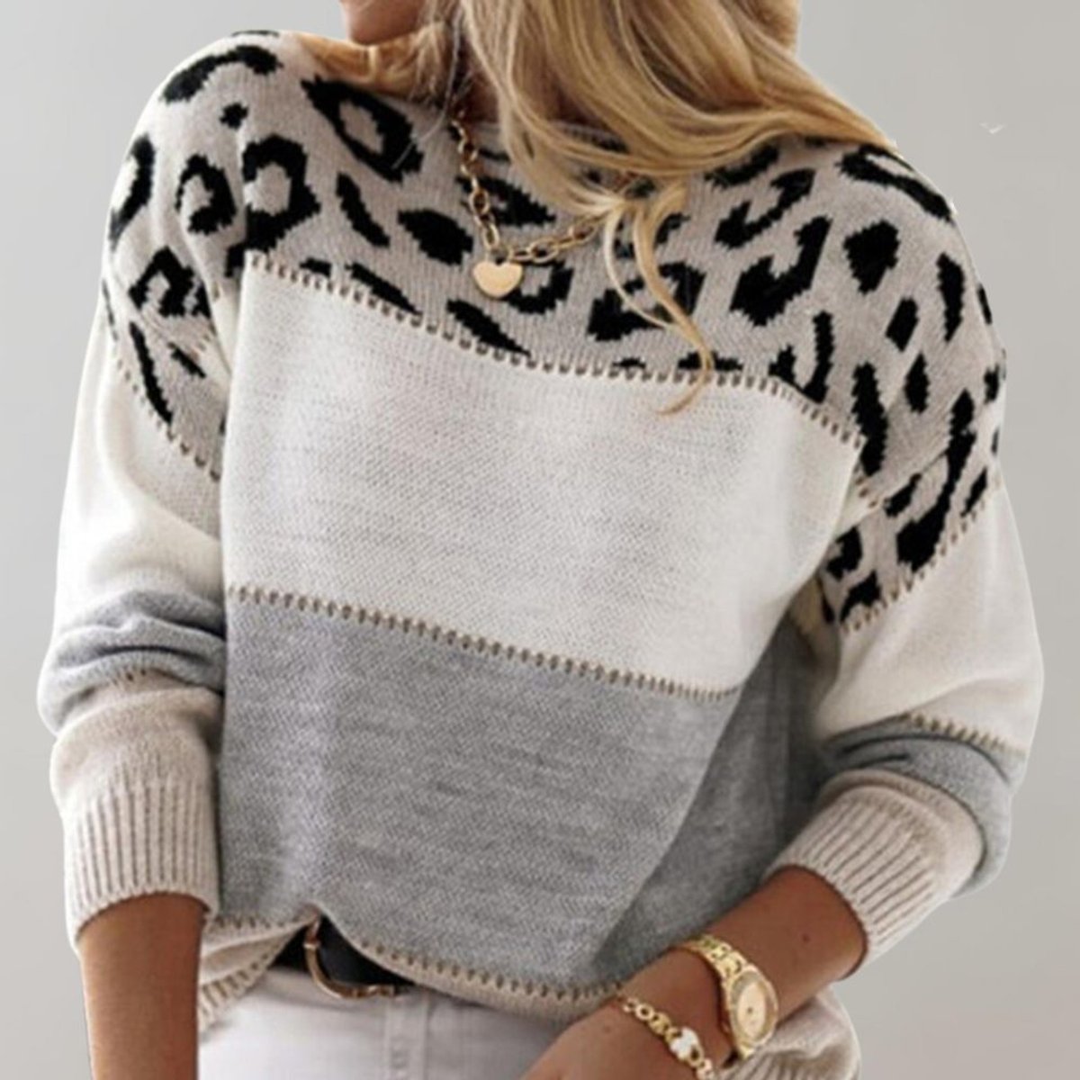 Maglione Donna Girocollo Colorblock con Stampa Leopardata Moderno e Confortevole 2