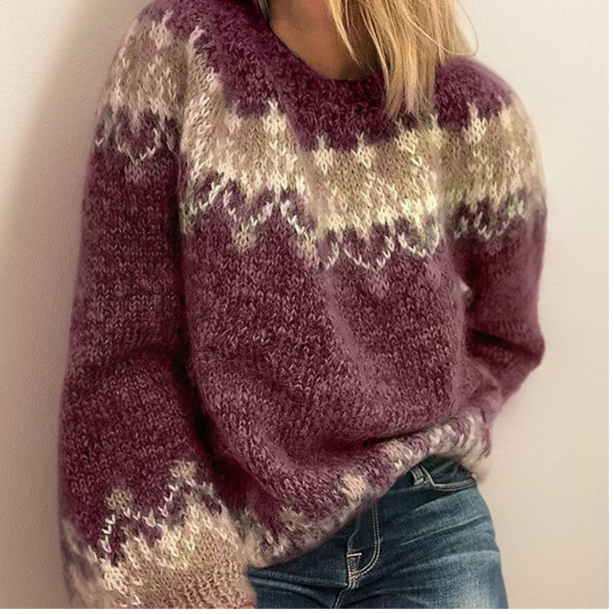 Maglione Donna Girocollo Jacquard Islandese Stile Nordico Elegante 1