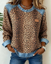 Maglione Donna Girocollo Patchwork Denim Leopardato Maniche Lunghe Casual 0