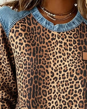 Maglione Donna Girocollo Patchwork Denim Leopardato Maniche Lunghe Casual 1