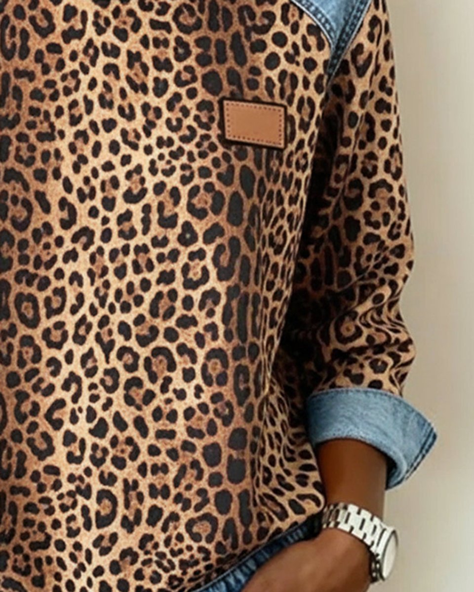 Maglione Donna Girocollo Patchwork Denim Leopardato Maniche Lunghe Casual 2