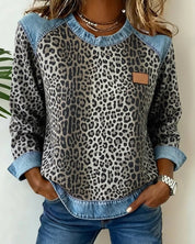 Maglione Donna Girocollo Patchwork Denim Leopardato Maniche Lunghe Casual 3