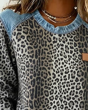Maglione Donna Girocollo Patchwork Denim Leopardato Maniche Lunghe Casual 4