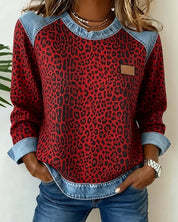 Maglione Donna Girocollo Patchwork Denim Leopardato Maniche Lunghe Casual 6