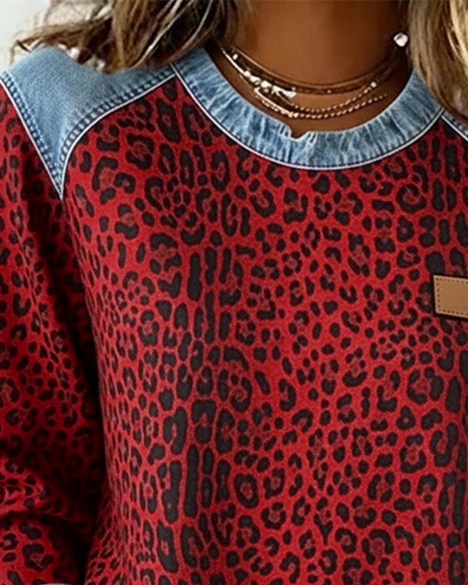 Maglione Donna Girocollo Patchwork Denim Leopardato Maniche Lunghe Casual 7