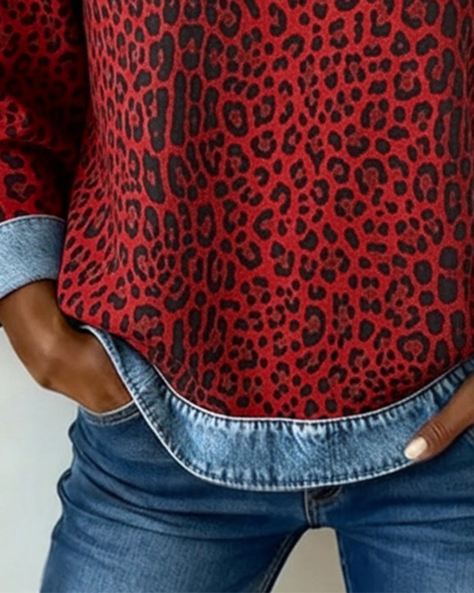 Maglione Donna Girocollo Patchwork Denim Leopardato Maniche Lunghe Casual 8