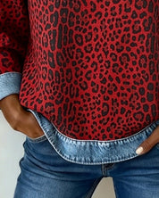 Maglione Donna Girocollo Patchwork Denim Leopardato Maniche Lunghe Casual 8