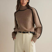Maglione Donna Oversize Collo Alto con Strisce a Contrasto Casual Elegante 0