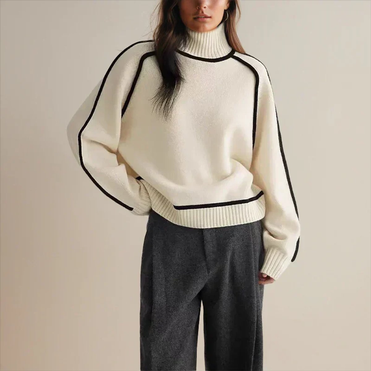 Maglione Donna Oversize Collo Alto con Strisce a Contrasto Casual Elegante 1