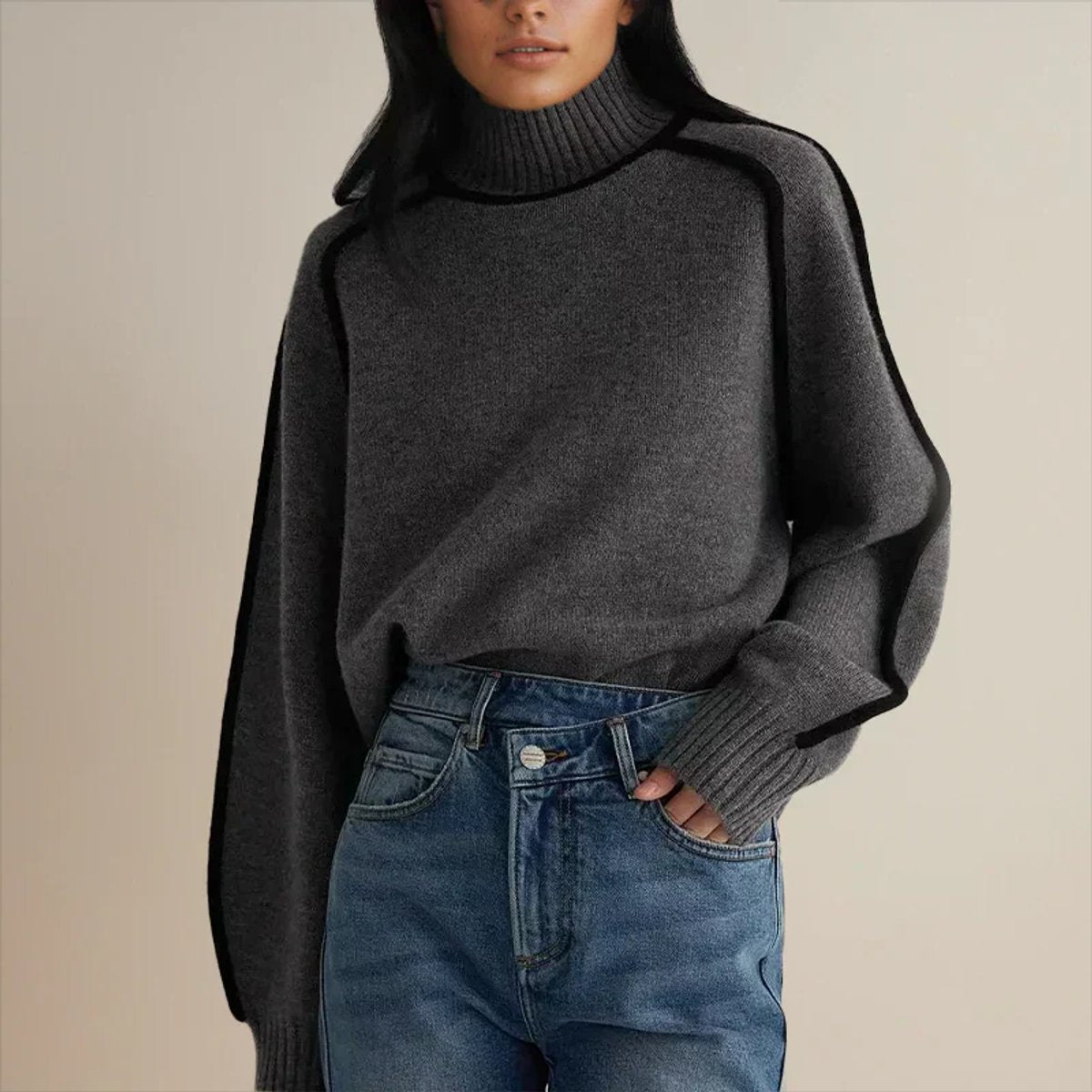 Maglione Donna Oversize Collo Alto con Strisce a Contrasto Casual Elegante 2