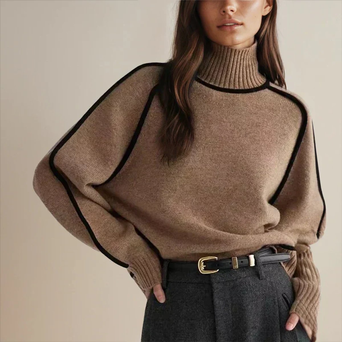 Maglione Donna Oversize Collo Alto con Strisce a Contrasto Casual Elegante 3