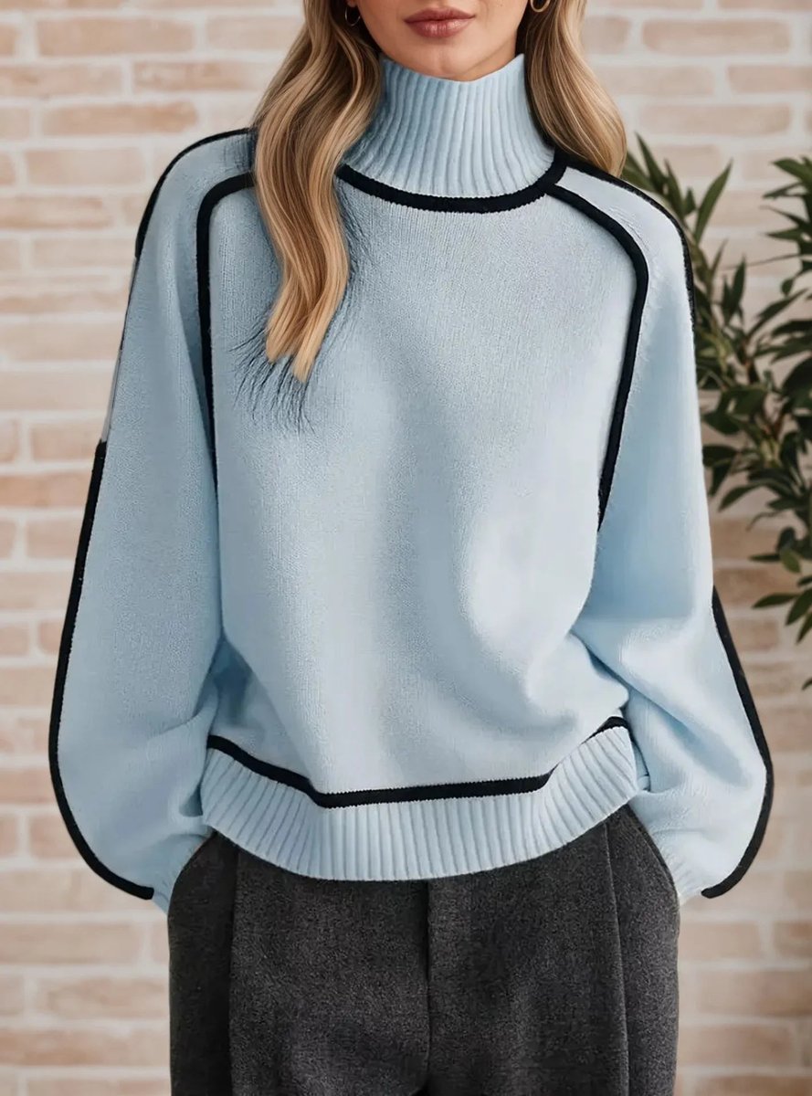 Maglione Donna Oversize Collo Alto con Strisce a Contrasto Casual Elegante 4