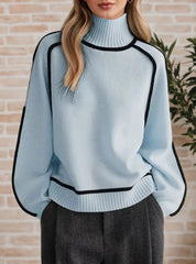 Maglione Donna Oversize Collo Alto con Strisce a Contrasto Casual Elegante 4