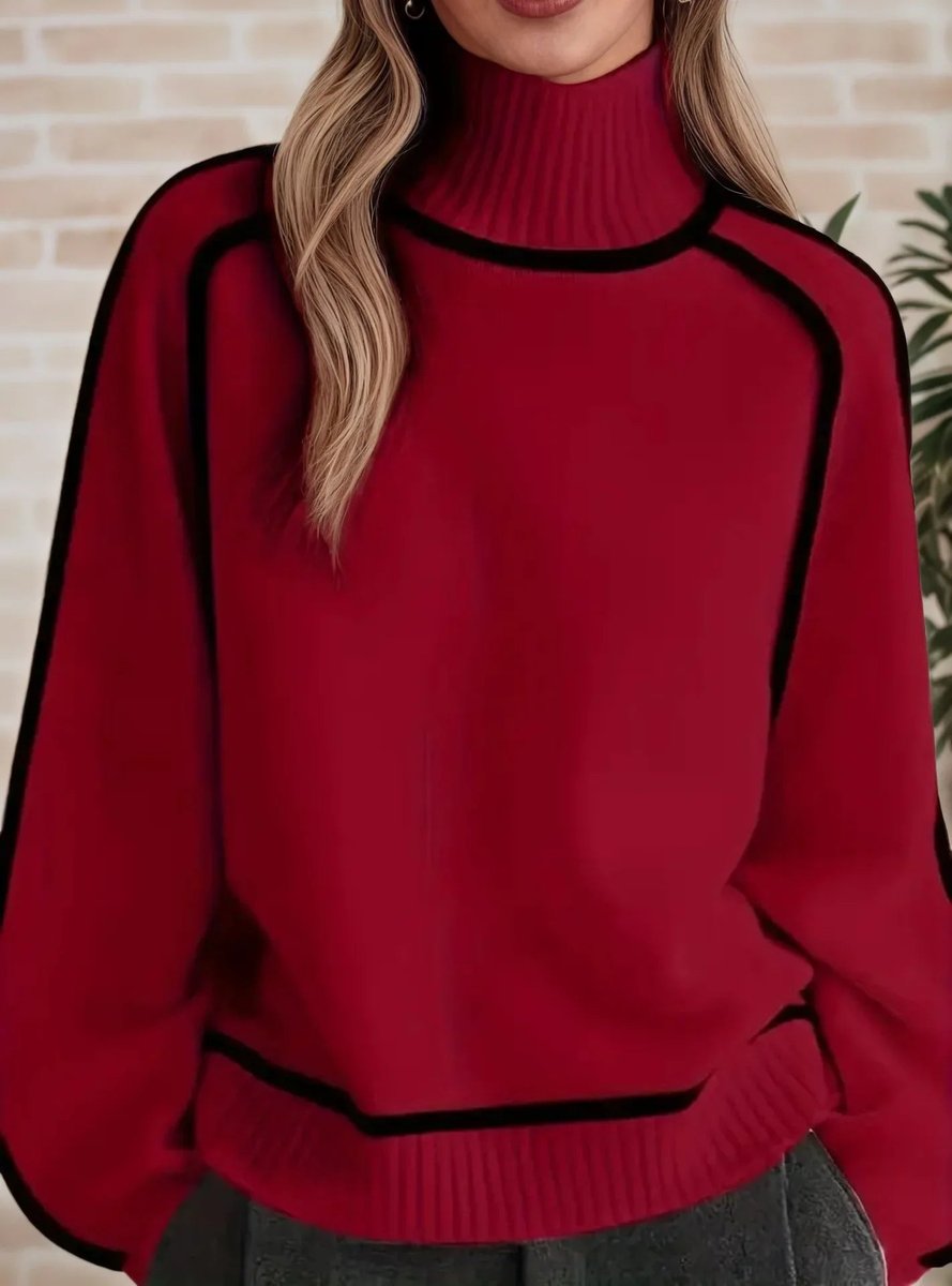 Maglione Donna Oversize Collo Alto con Strisce a Contrasto Casual Elegante 5