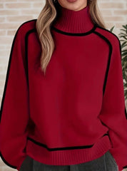 Maglione Donna Oversize Collo Alto con Strisce a Contrasto Casual Elegante 5