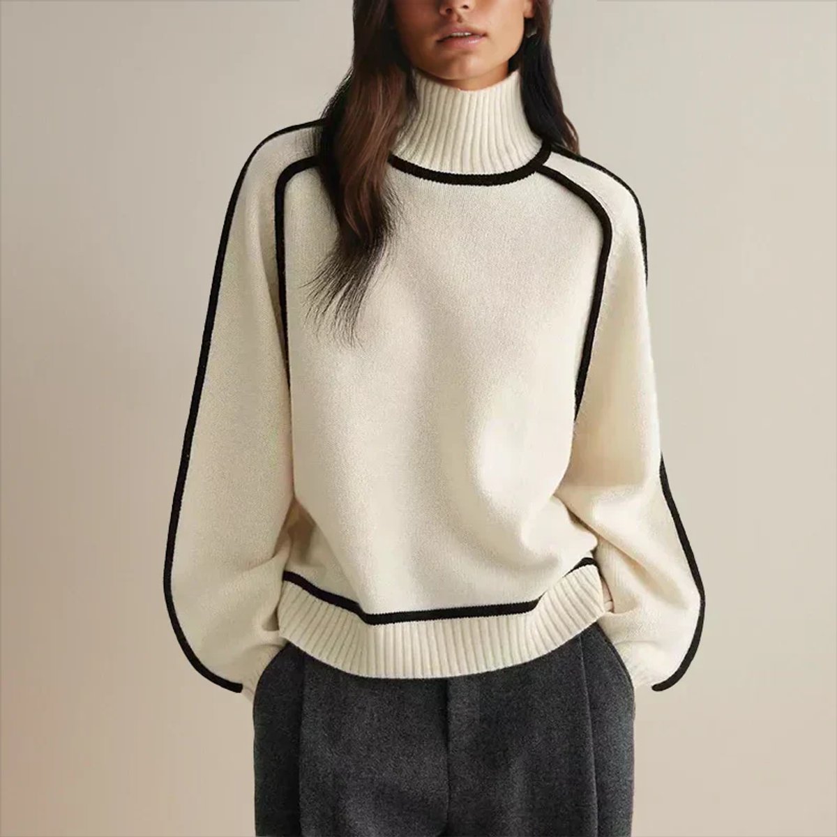 Maglione Donna Oversize Collo Alto con Strisce a Contrasto Casual Elegante 7
