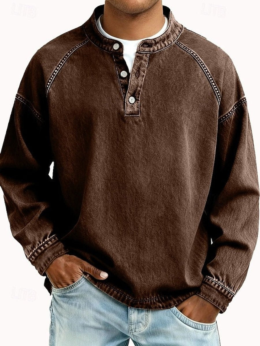 Maglione Uomo Retro Henley Maniche Lunghe Look Vintage Casual Elegante 7