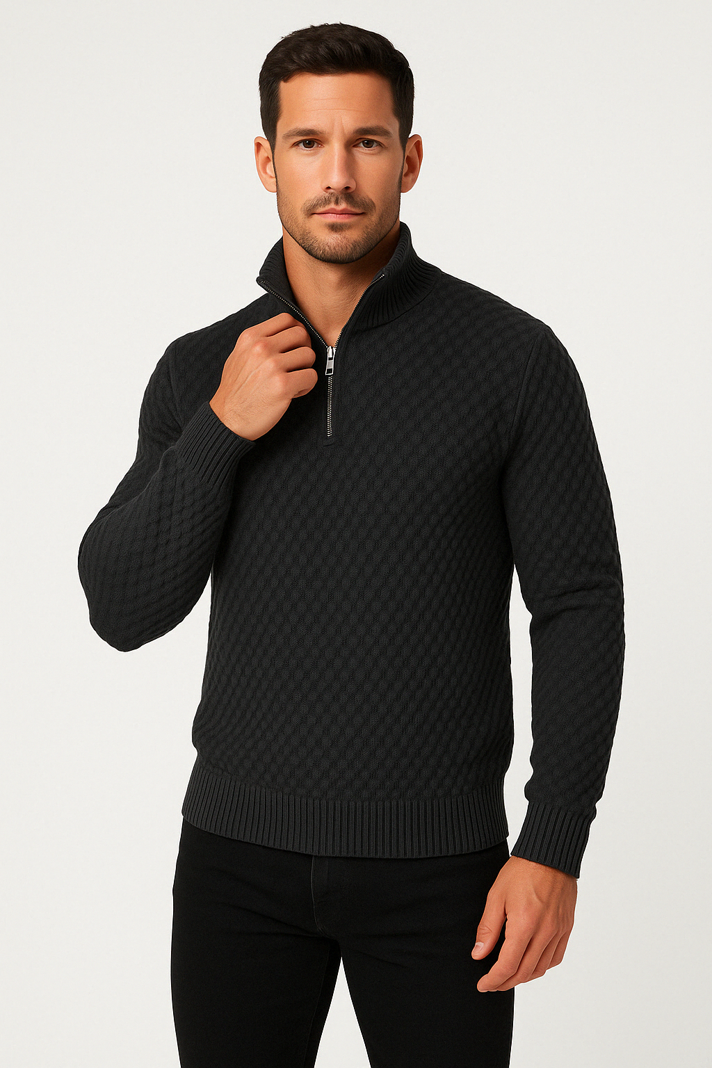 Maglione da uomo con mezza zip – Maglia testurizzata – Vestibilità su misura – Rifiniture a coste – Morbido al tatto 0