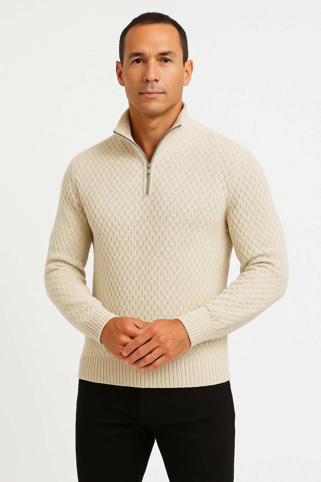 Maglione da uomo con mezza zip – Maglia testurizzata – Vestibilità su misura – Rifiniture a coste – Morbido al tatto 1