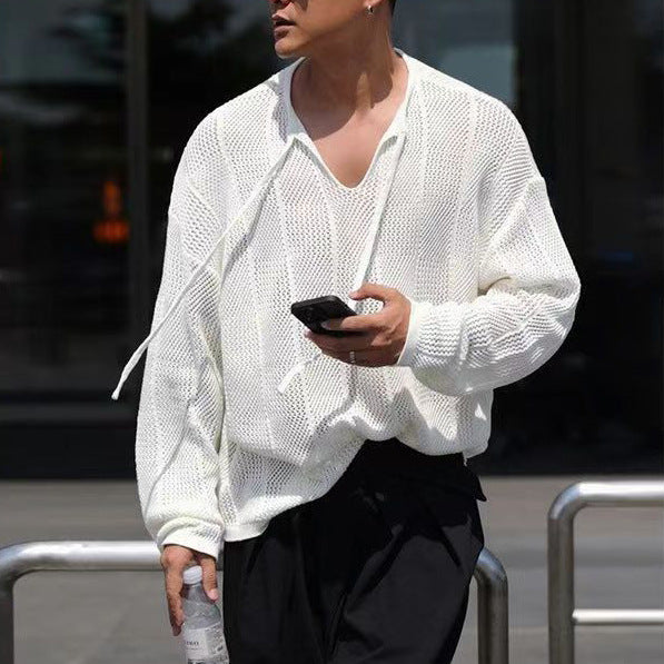 Maglione da uomo in maglia – Vestibilità comoda – Scollo a V con coulisse – Tessuto traspirante a trama larga 1