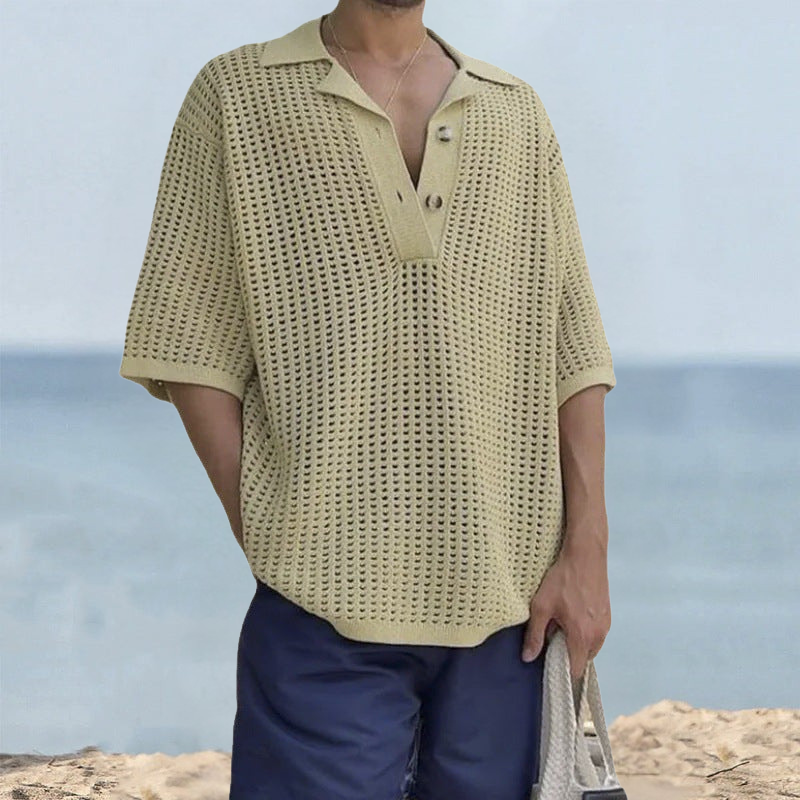 Maglione da uomo in maglia – Vestibilità oversize – Maglia aperta – Revers a lancia – Manica corta casual 0