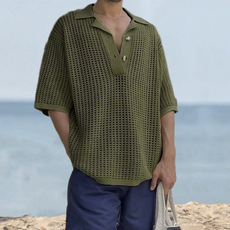 Maglione da uomo in maglia – Vestibilità oversize – Maglia aperta – Revers a lancia – Manica corta casual 1