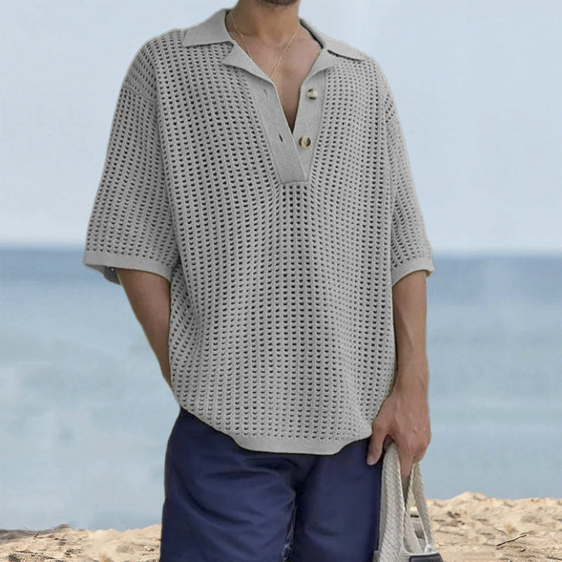 Maglione da uomo in maglia – Vestibilità oversize – Maglia aperta – Revers a lancia – Manica corta casual 2