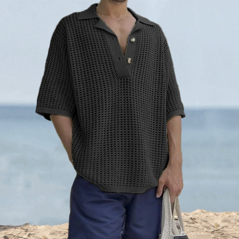 Maglione da uomo in maglia – Vestibilità oversize – Maglia aperta – Revers a lancia – Manica corta casual 3