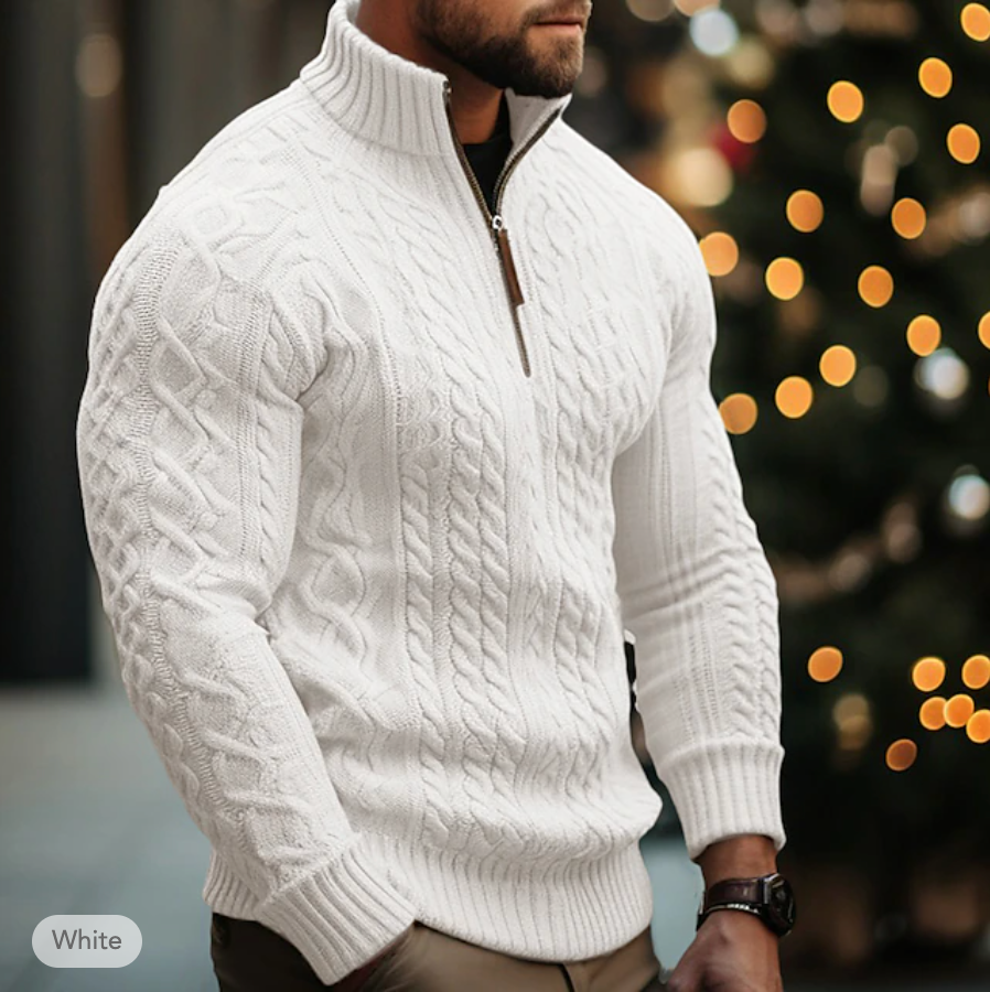 Maglione da uomo in maglia a trecce - Mezza cerniera - Collo alto - Vestibilità calda e confortevole 0