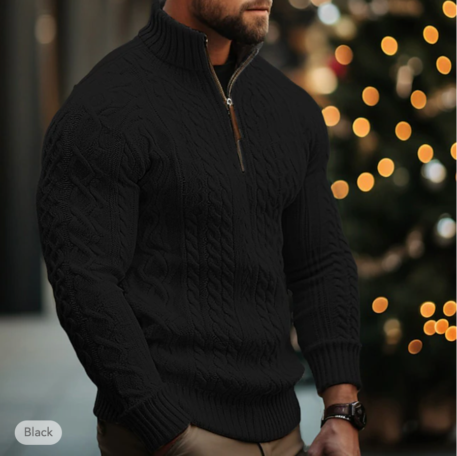 Maglione da uomo in maglia a trecce - Mezza cerniera - Collo alto - Vestibilità calda e confortevole 2