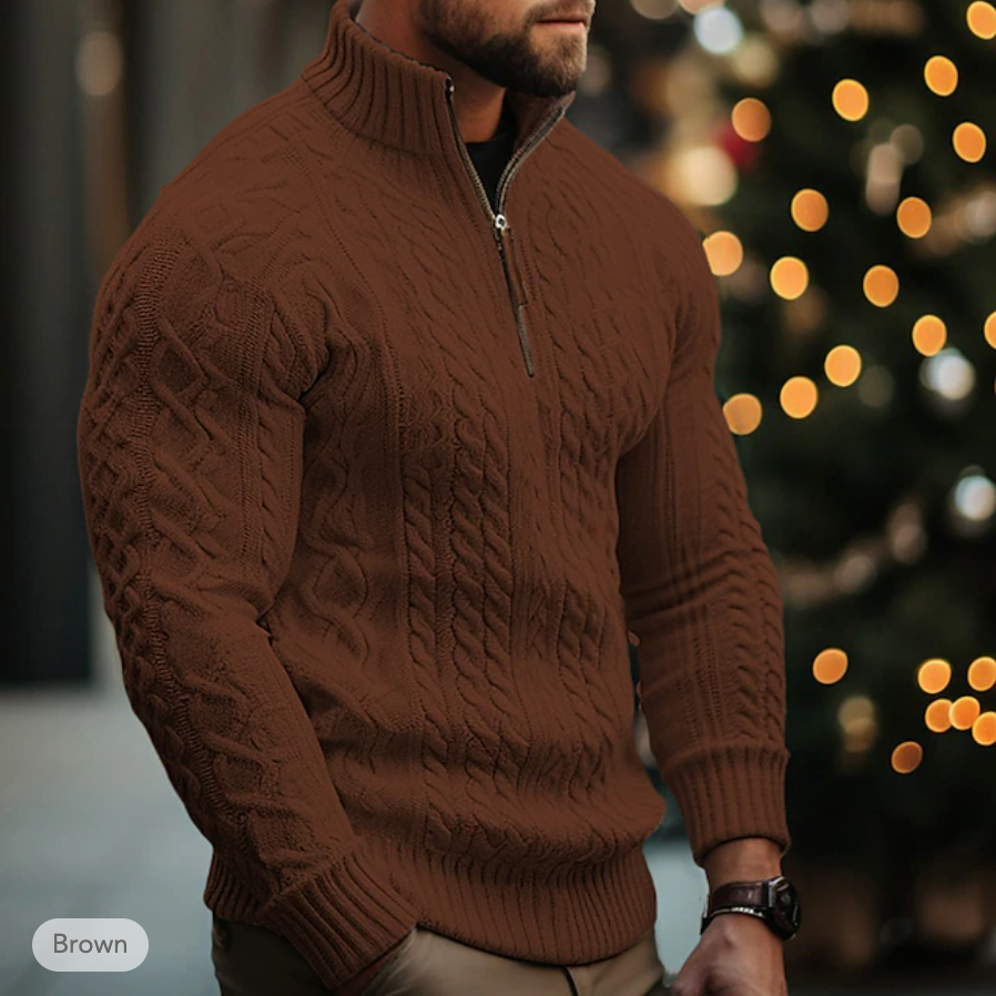 Maglione da uomo in maglia a trecce - Mezza cerniera - Collo alto - Vestibilità calda e confortevole 3