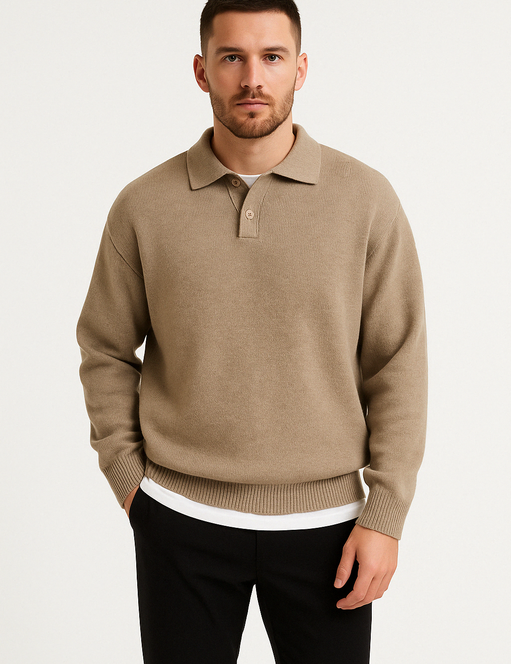 Maglione polo da uomo – Lana – Vestibilità comoda – Colletto con bottoni – Orlo e polsini a coste 0