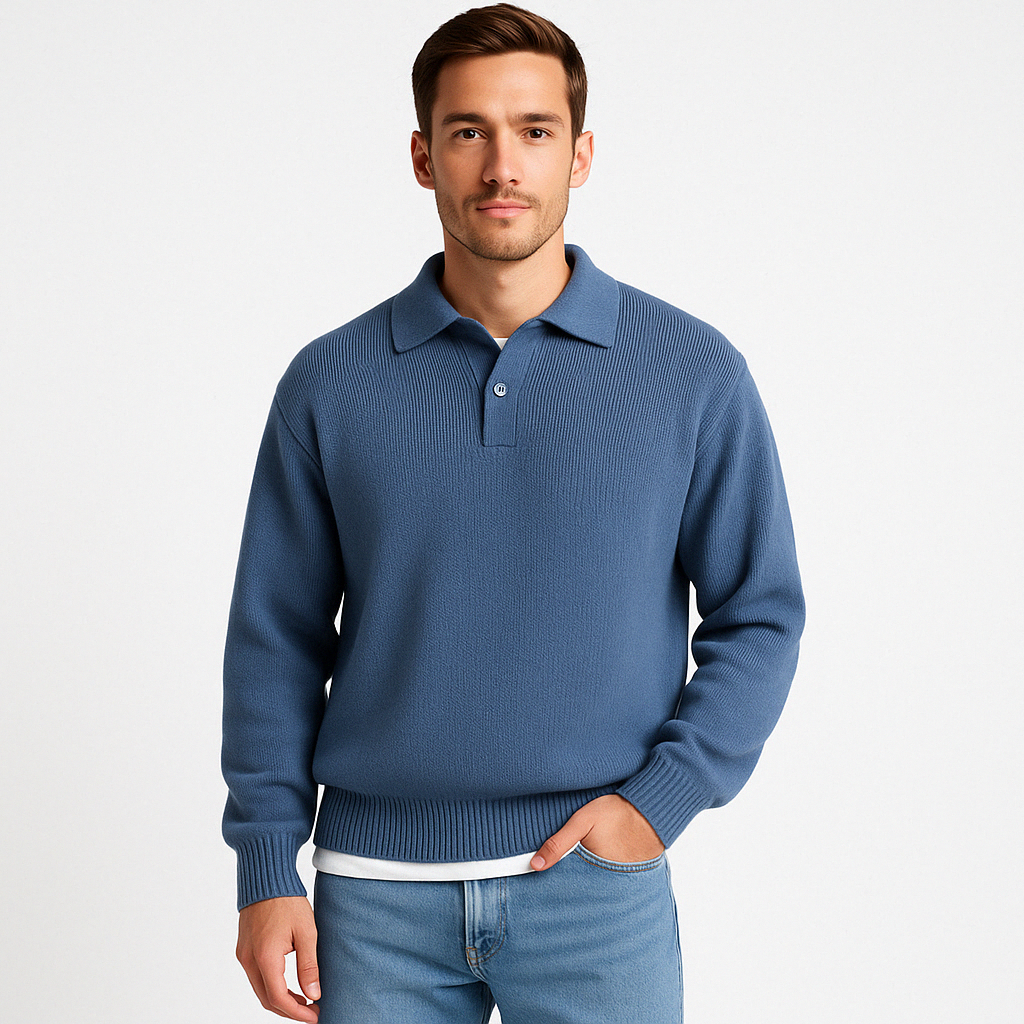 Maglione polo da uomo – Lana – Vestibilità comoda – Colletto con bottoni – Orlo e polsini a coste 1