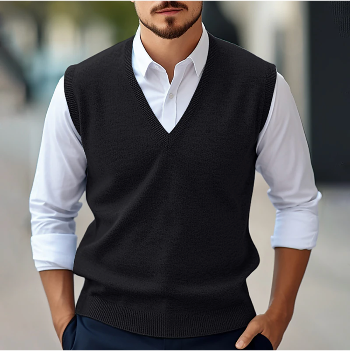 Maglione senza maniche con scollo a V da uomo – Maglia fine – Vestibilità classica – Rifiniture a coste – Stratificazione intelligente 4